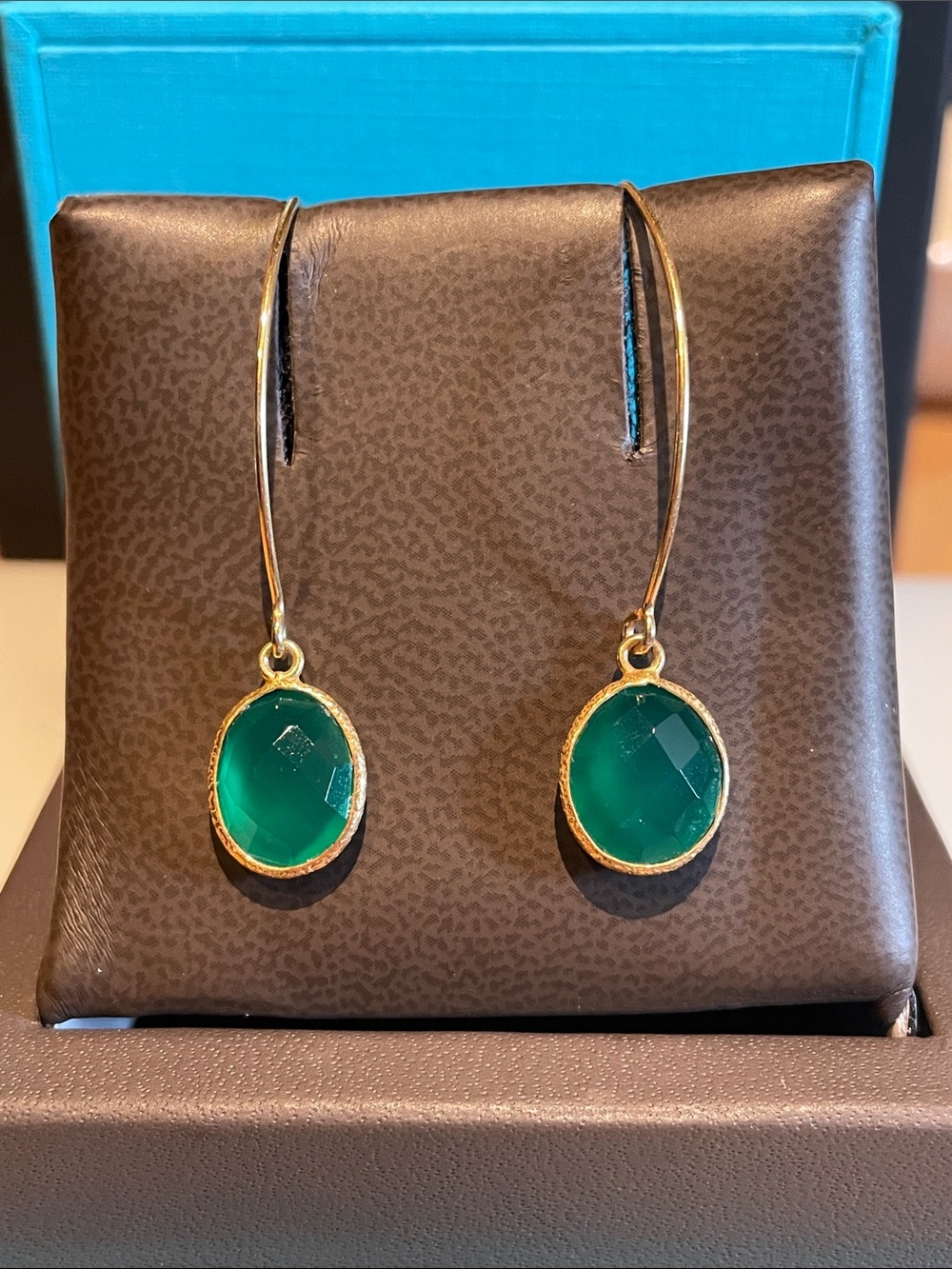Gold Drop Earrings with Green Onyx Gemstone Untested